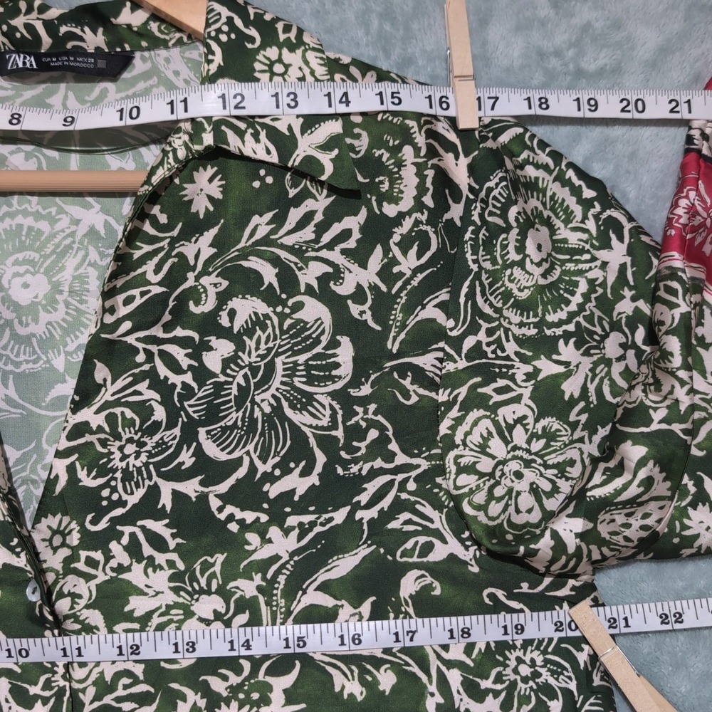 Zara Green Magenta Pink Floral Satin Oversized Button Down Blouse Medium - Picture 9 of 10